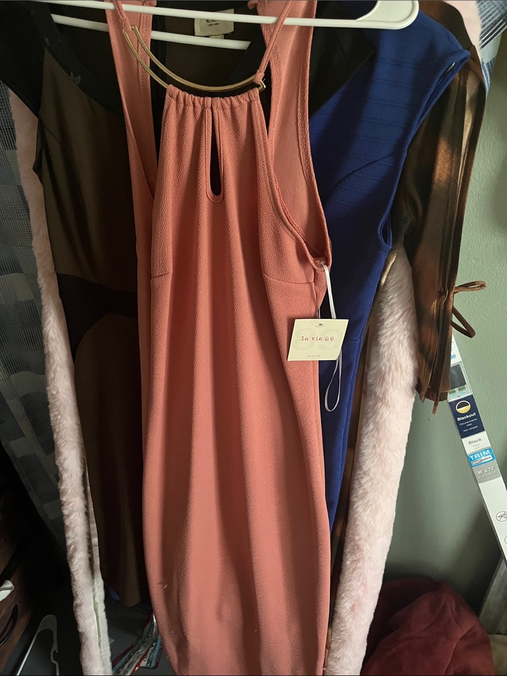 La Vie En Rose Coral Midi Dress with Gold Neck Detail